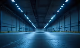 the inside of an empty parking garage with lights
