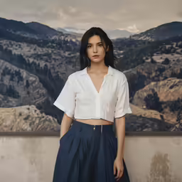 woman in a crop top standing by an oil painting