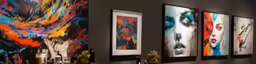 a row of framed art on a wall