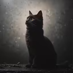 black cat sitting in front of a dark background