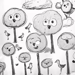 some birds and trees with faces on them