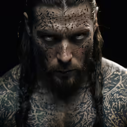 a bearded man wearing a long black hair has tattoos on his face