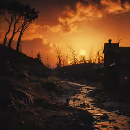 a river and house under a cloudy sky