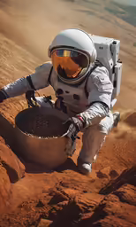 a man in astronaut suit and helmet is preparing a pot of dirt