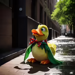 a duck on the street sitting with his scarf around its neck