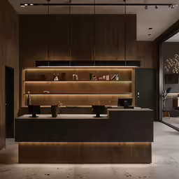 an elegant dining area, with lit up counters