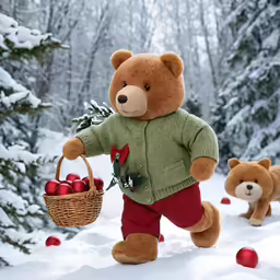 stuffed bear holding a basket with apples in the woods