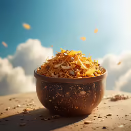 a brown bowl sitting on a wooden table under some clouds