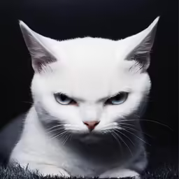 a cat with blue eyes sitting in the dark