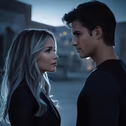 two people standing close to each other while facing each other