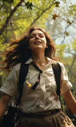 a woman in a white shirt and brown skirt and a black backpack