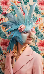 a woman with feathers on her head in front of floral background