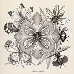 flowers and beetles are drawn by an individual,three bees and four flowers on a white background