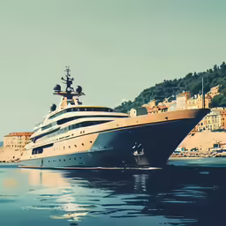 a boat sits in the water next to a city