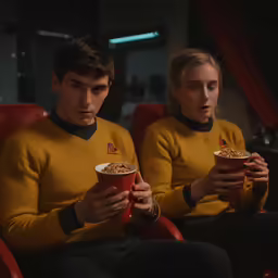 two people are holding cups of cereal, and one person in a yellow shirt looks at something