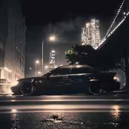 black car parked near light up buildings and street lamps