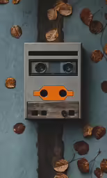 an old video tape recorder that has been painted orange