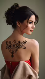 a beautiful woman with a flowered tattoo on her back