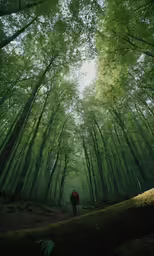 man walking through a forest with lots of tall trees