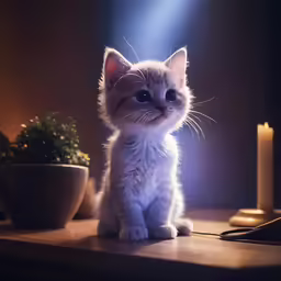 a small white cat sitting on top of a desk