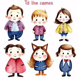 a cute set of cartoon style kids,a little set of cute kids with jackets,watercolor illustration of a couple of people,the four kids are wearing clothes in different colors,the people are wearing different outfits