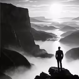 a man standing on a cliff edge looking into the distance