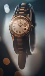 a watch is sitting on a table reflecting water