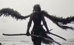 an artistic photo of a woman holding two swords