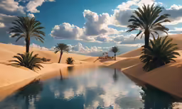 palm trees and clouds are reflected in water