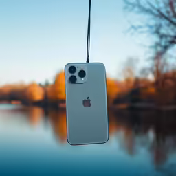 a picture of an apple phone hanging in a line on a cord