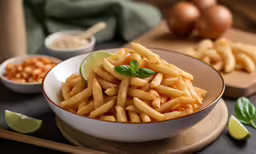 this is a bowl with french fries and a lime
