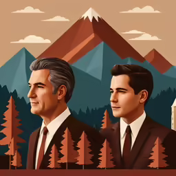 an image of two men in suits against the backdrop of mountains