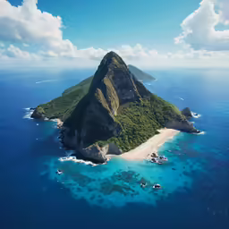 an island that has a boat out on the ocean