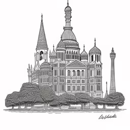 an ink drawing of the taj in paris,the building that is in front of some trees and a lot of spires