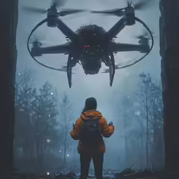 a man with a back pack looking at a flying object