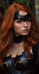 red - headed woman in a leather costume