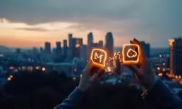 someone holding out their hands in front of the skyline