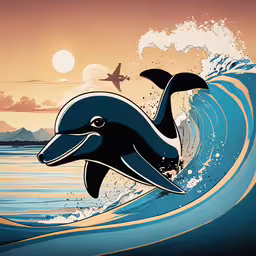 a dolphin in the ocean under an orange sky,a whale jumps out of the water at sunset
