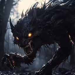 a creature is coming out of a forest in a creepy, scary way