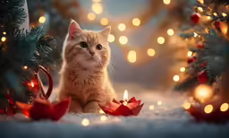 a cat sitting next to a christmas tree with many garlands