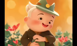 a picture of a boy in a green hat and a brown coat
