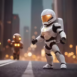 a robot next to another robot that has lights on in the city