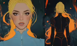 two identical views of the face and body of the person