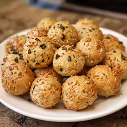 a plate of rolls covered in sesame seeds