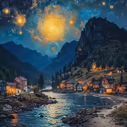 a painting of a village under starr light