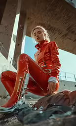 a woman wearing red sits on the ground