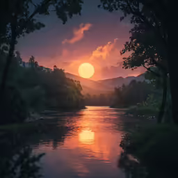 a body of water surrounded by mountains at sunset