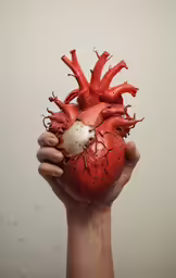 an artificial human heart in hand with a large amount of blood