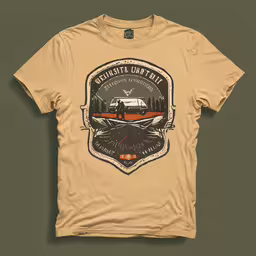 the shirt is printed with an image of a truck in the center and trees and mountain,a shirt with an image of a car parked on it