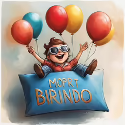 a boy with sunglasses on is holding balloons as he sits on top of a pillow